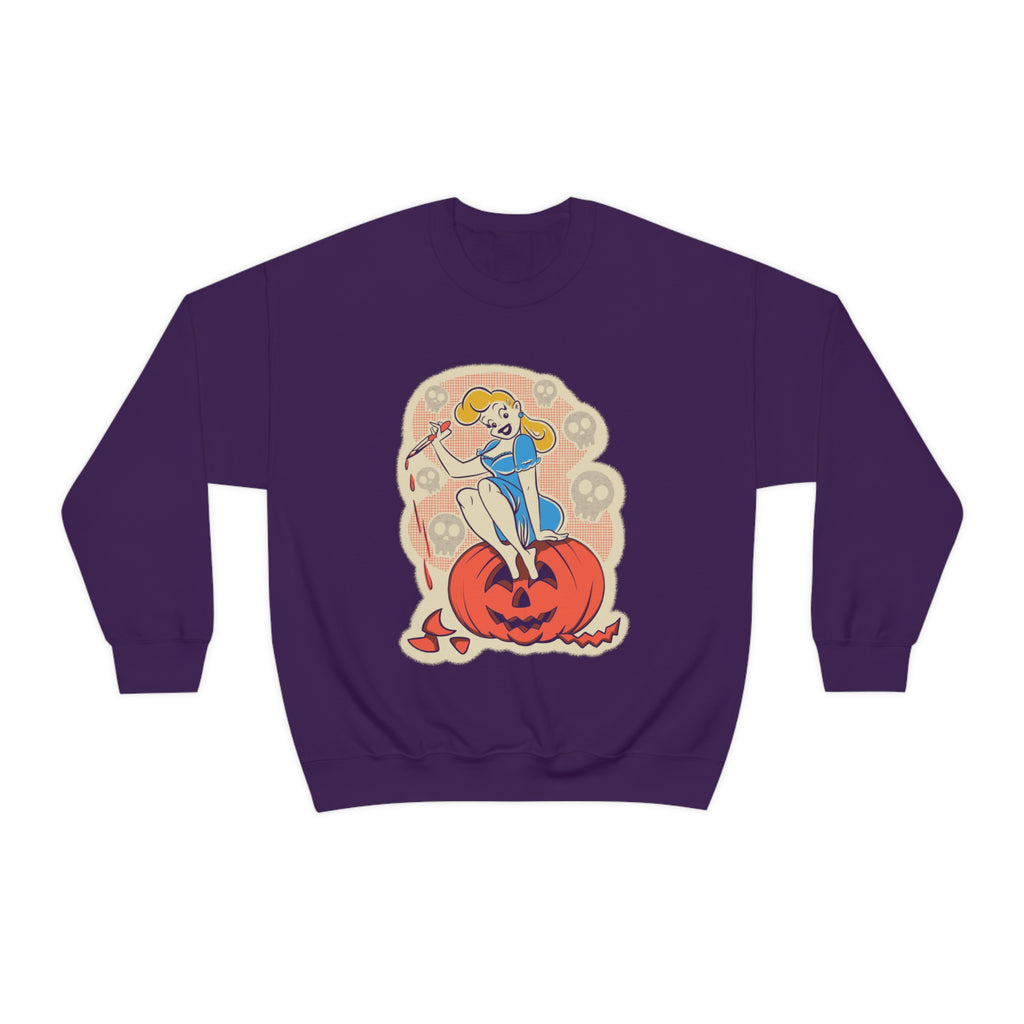 Classic Halloween Pinup Pumpkin Carver Vintage 1950s Crewneck Sweatshirt Purple