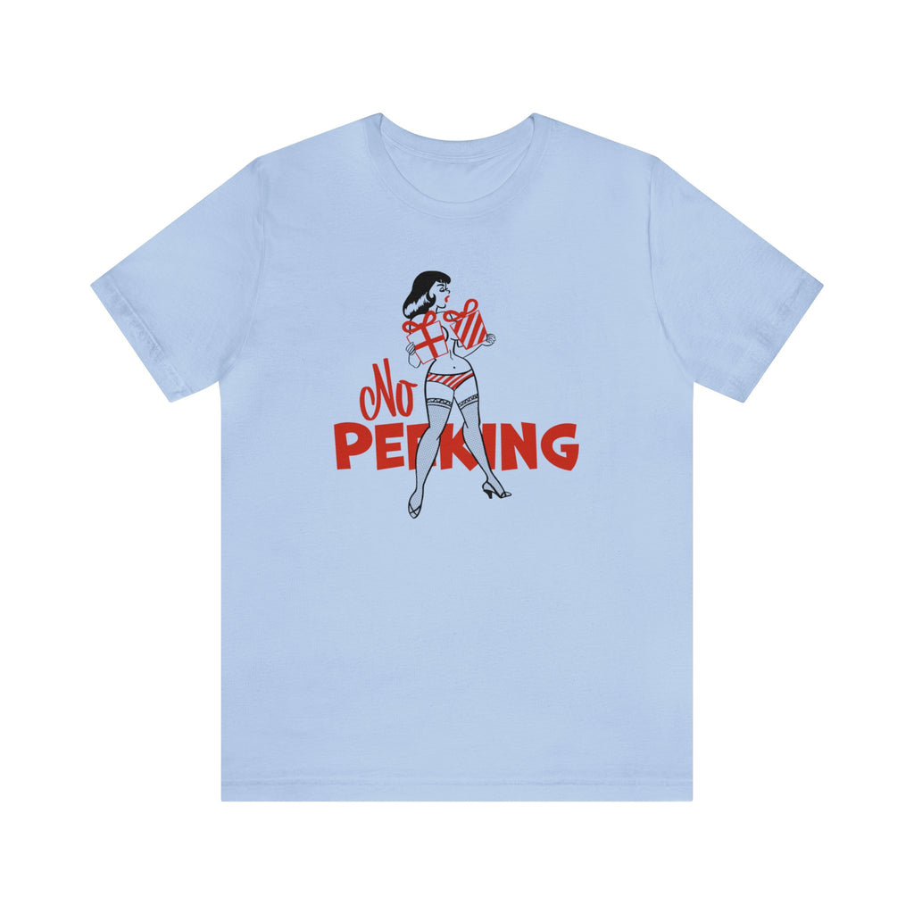 No Peeking - Pinup Christmas Mens Cream Cotton T-shirt Baby Blue