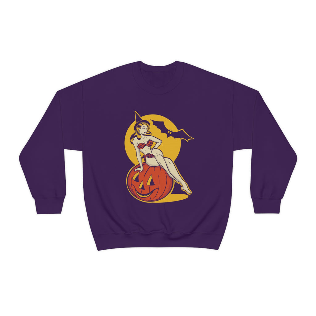 Classic Halloween Pinup Pumpkin Vintage1950s Crewneck Sweatshirt Purple