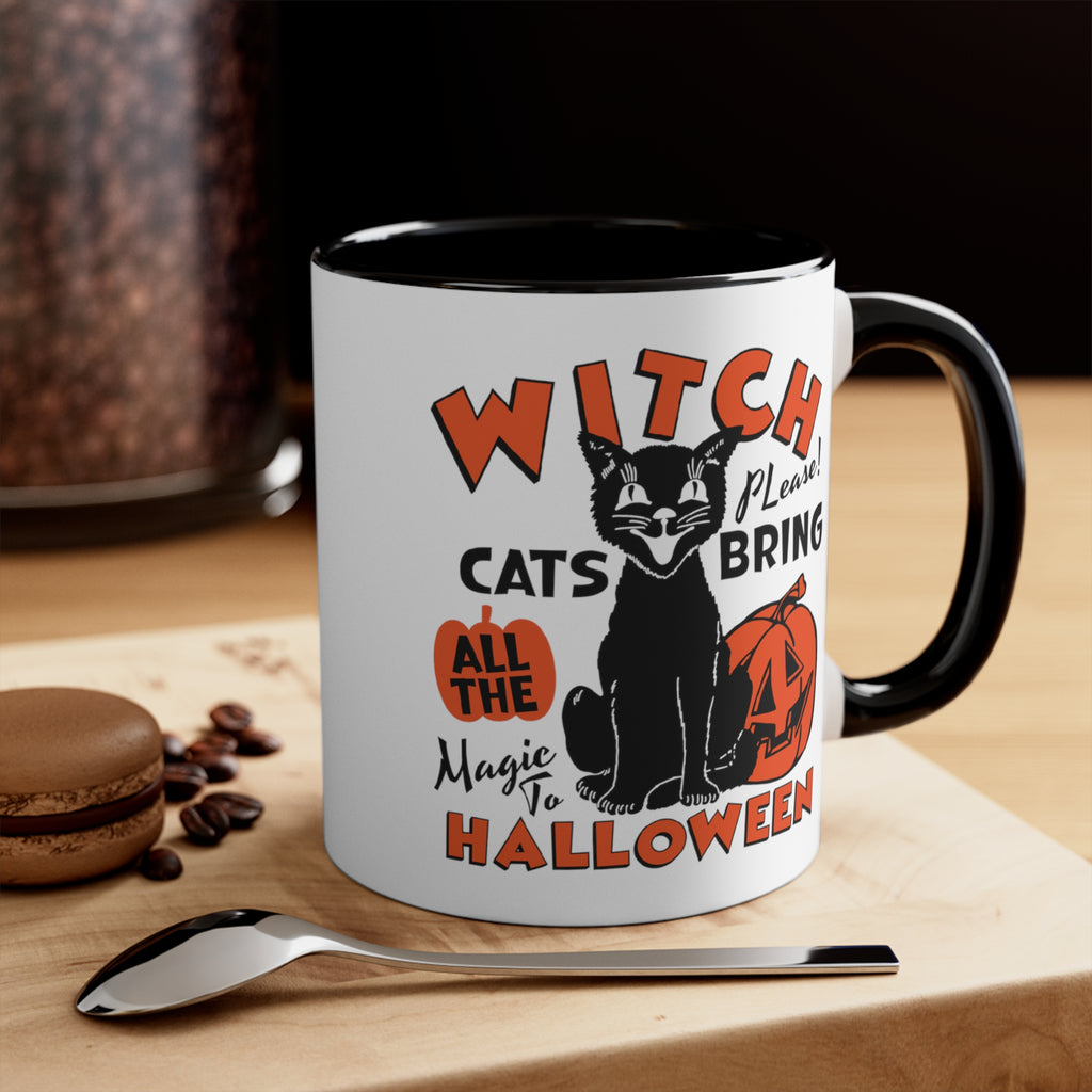 Retro Black Cat Halloween Black Accent Ceramic Coffee Mug, 11oz.