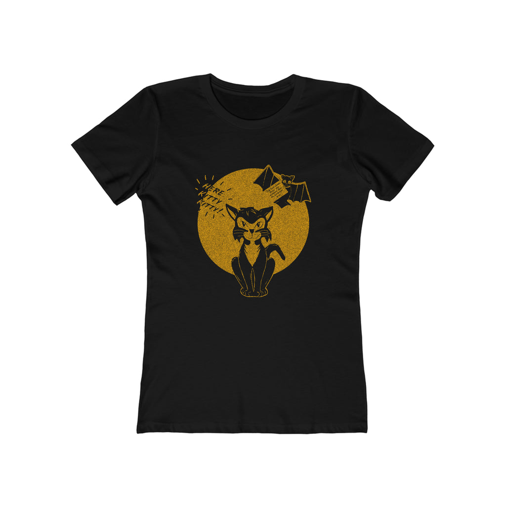 Here Kitty Kitty, The Witch's Cat, Vintage Halloween Black Cat Distressed Aged Retro PrintWomen's T-shirt Solid Black