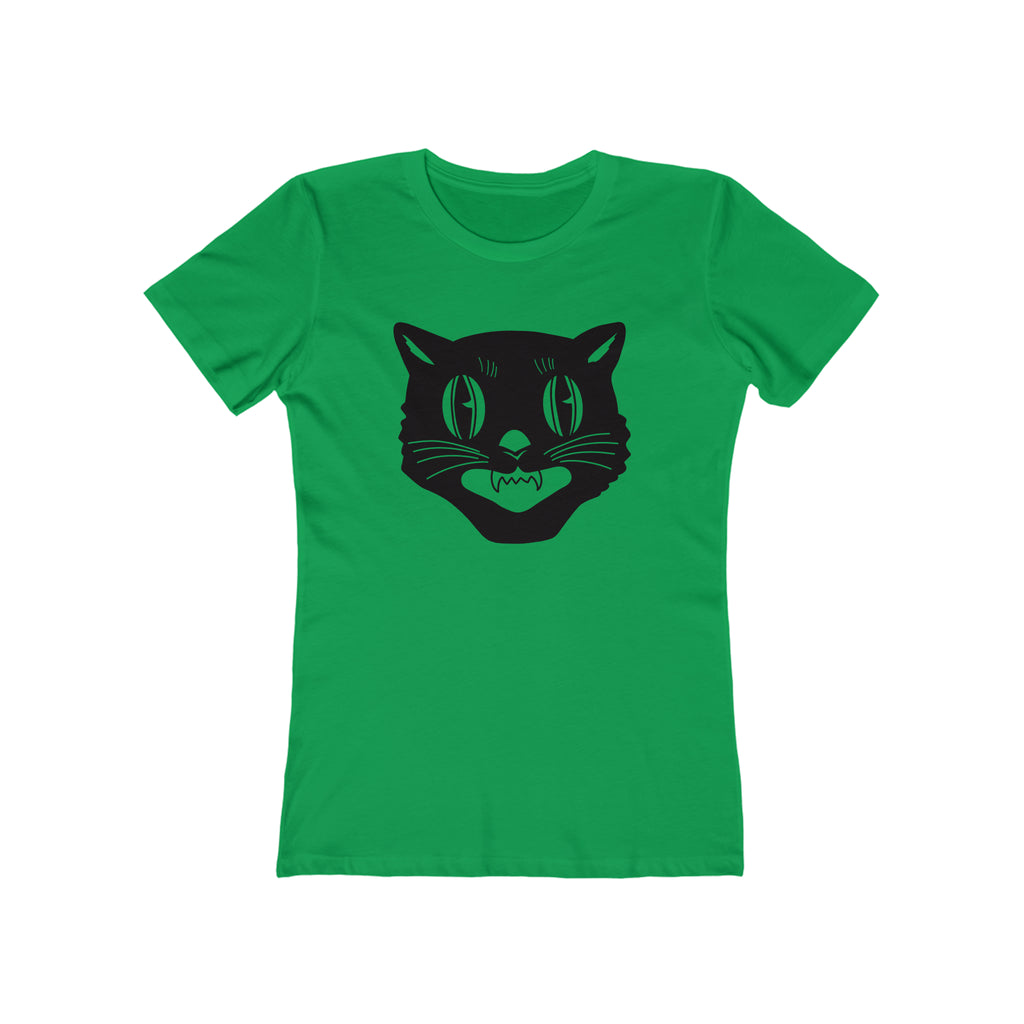 Vintage Halloween Black Cat Retro Women's T-shirt in 6 Assorted Colors Solid Kelly Green