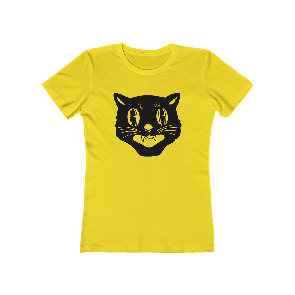 Vintage Halloween Black Cat Retro Women's T-shirt in 6 Assorted Colors Solid Vibrant Yellow