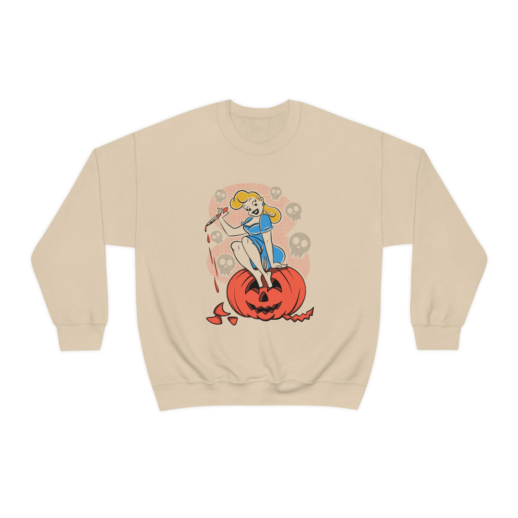Classic Halloween Pinup Pumpkin Carver Vintage 1950s Crewneck Sweatshirt Sand