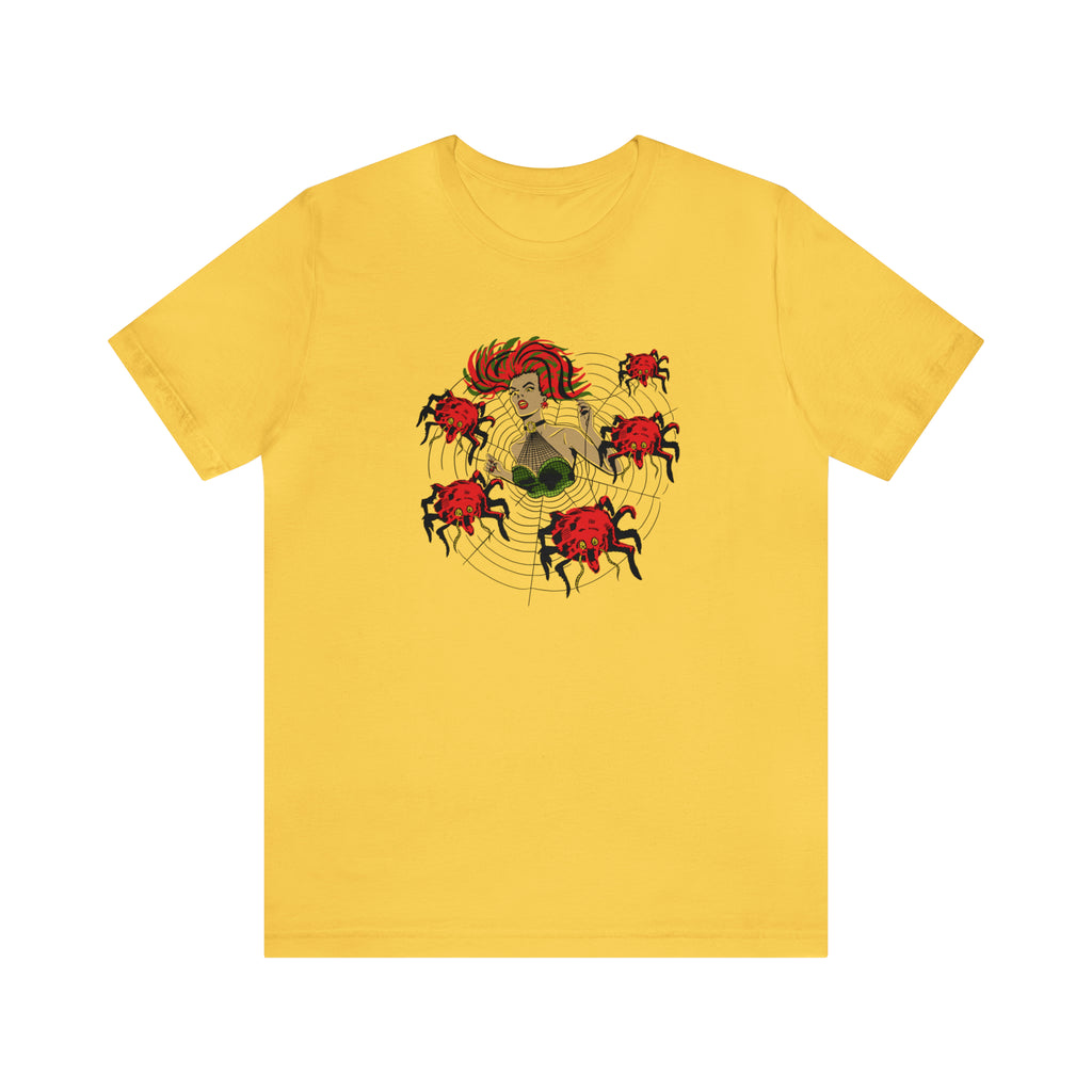 Classic Comic Book Pinup Spider Web Queen Vintage Halloween Unisex T-shirt Yellow