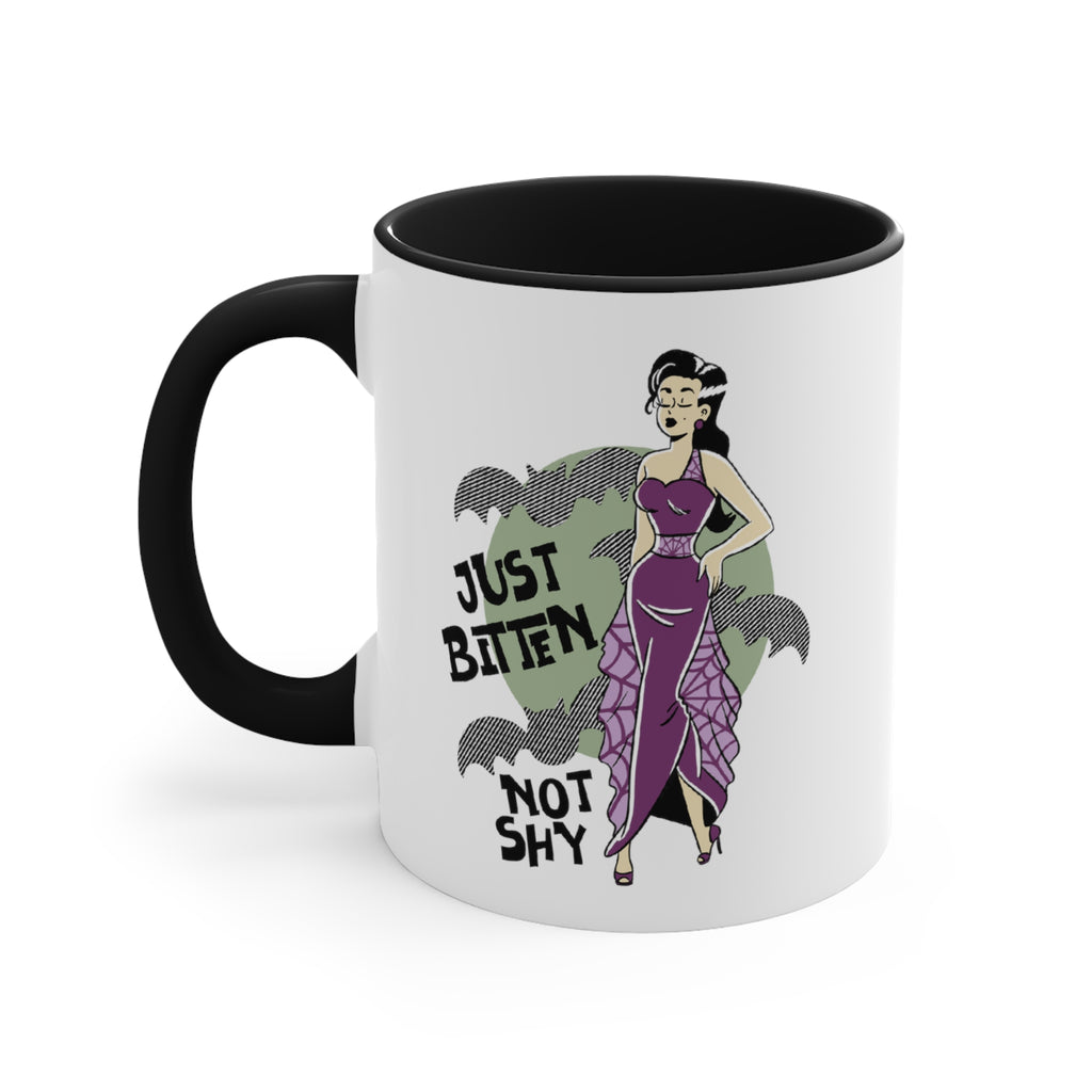 Just Bitten, Not Shy, Vampire Pinup Black Halloween Accent White Ceramic Coffee Mug, 11oz. , Black 11oz
