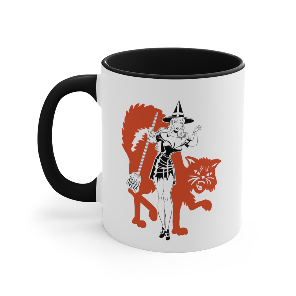 Retro Classic Halloween Pinup Witch Black Accent White Ceramic Coffee Mug, 11oz. , Black 11oz