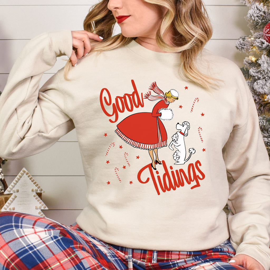 Good Tidings Retro Lady Christmas- Women's Unisex Sweatshirt Sand