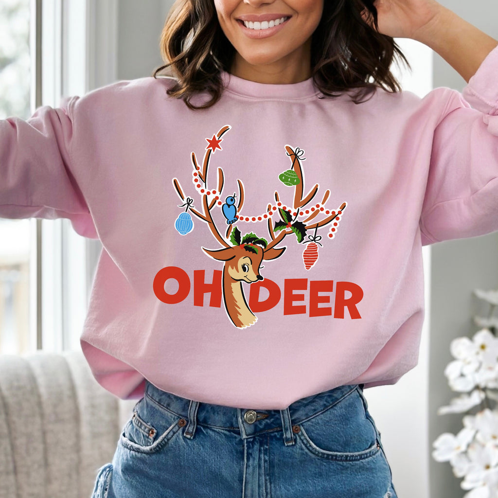 Oh Deer Reindeer Christmas- Women's Unisex Sweatshirt Light Pink