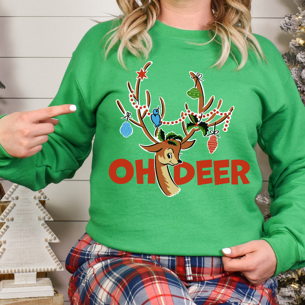 Oh Deer Reindeer Christmas- Women's Unisex Sweatshirt Irish Green