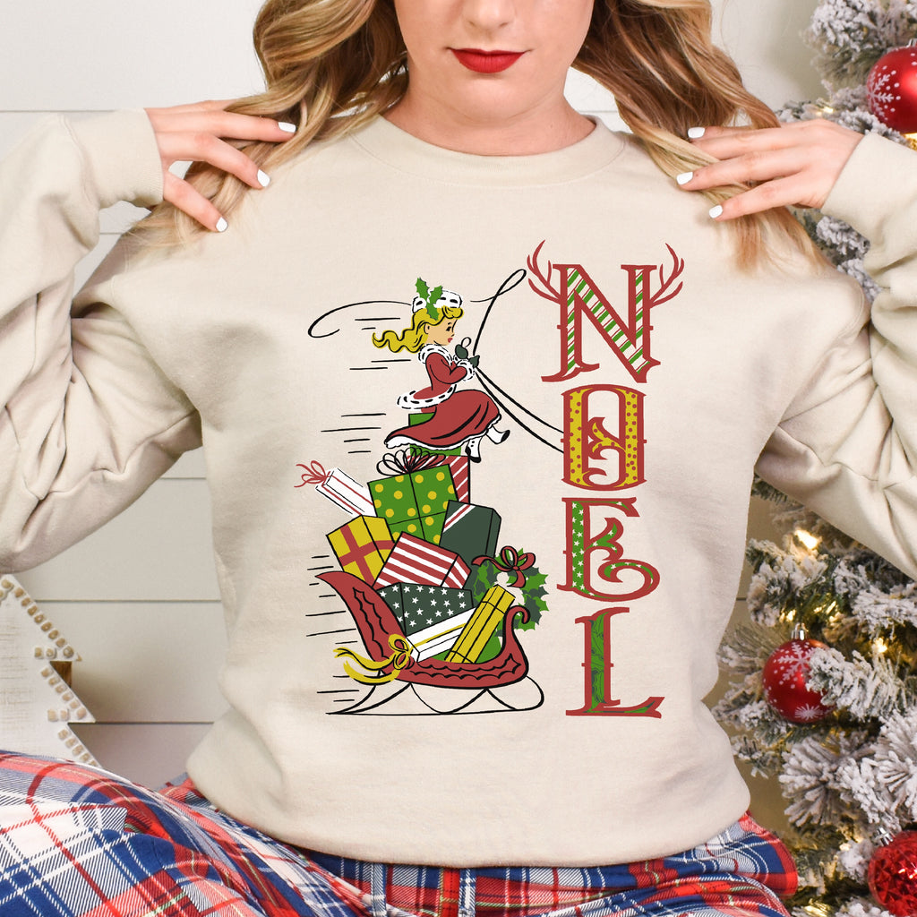 Retro Girl Noel Christmas Sleigh Women's Unisex Sweatshirt Sand