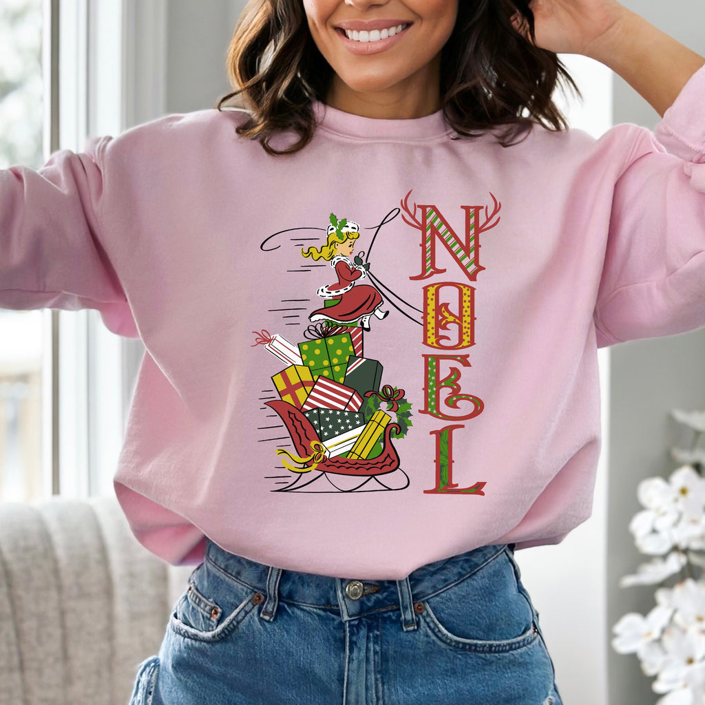 Retro Girl Noel Christmas Sleigh Women's Unisex Sweatshirt Light Pink