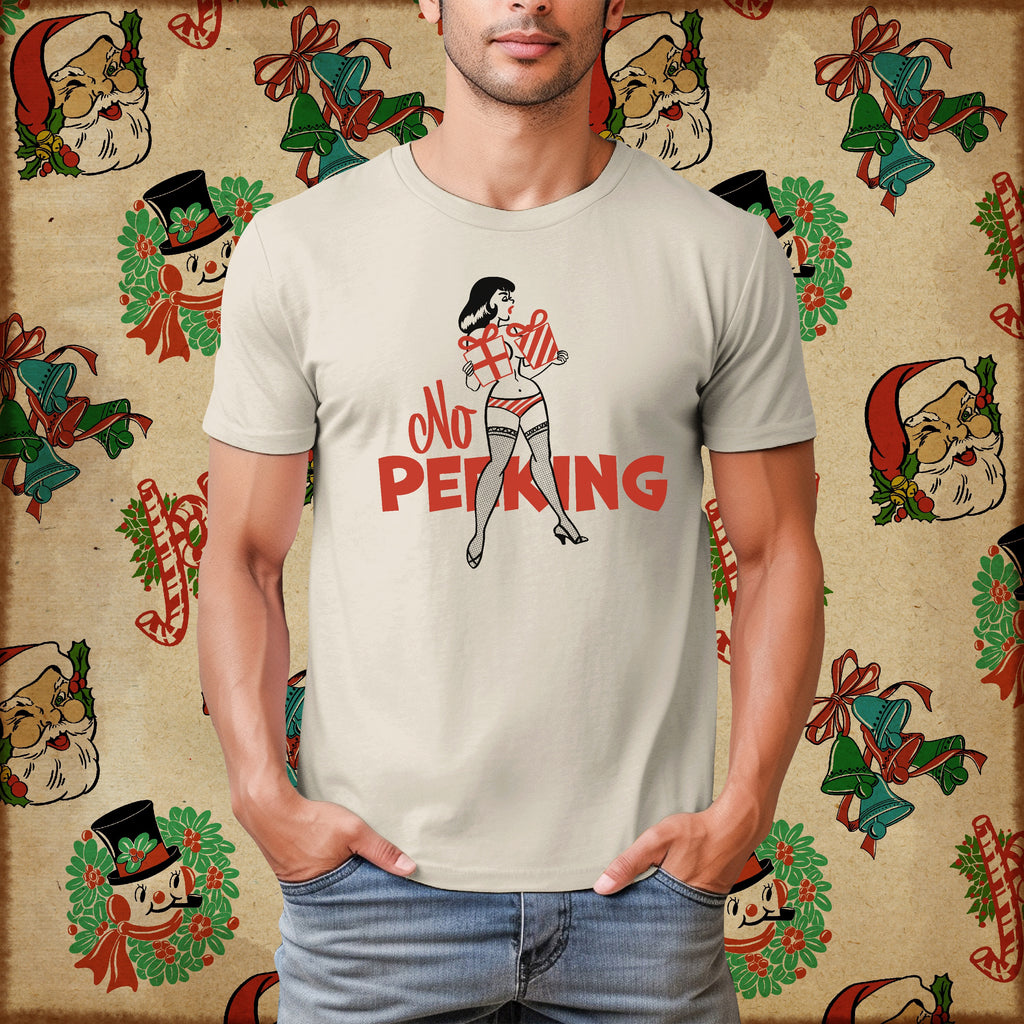 No Peeking - Pinup Christmas Mens Cream Cotton T-shirt