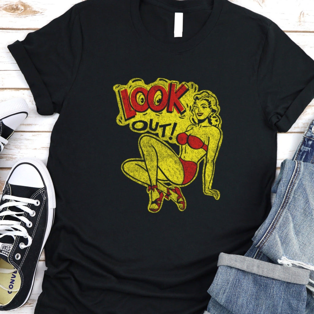 Look Out! Pinup Ladies T-shirt Premium Cream Cotton in 4 Assorted Dark Distressed Colors