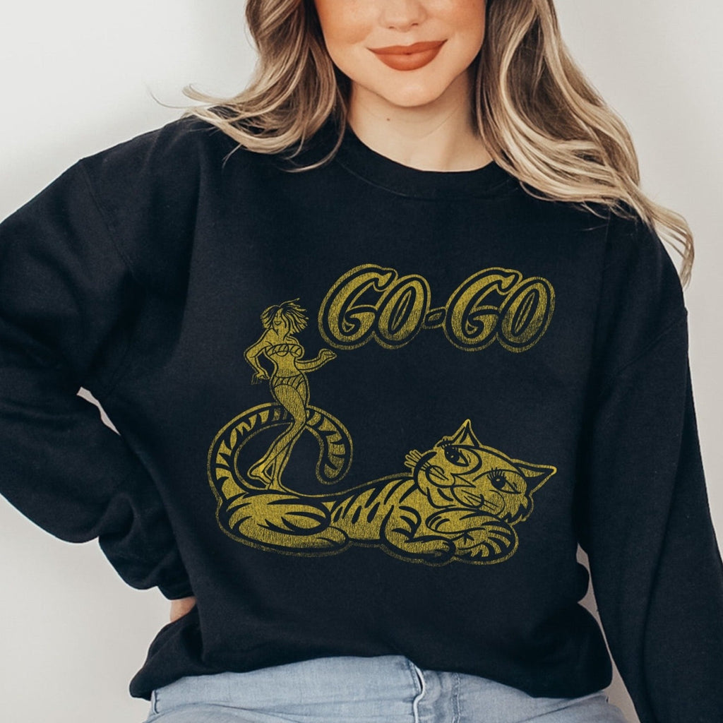 Vintage 1960s Go Go Dancer and Groovy Cat on a Unisex Sweatshirt in 4 Assorted Colors