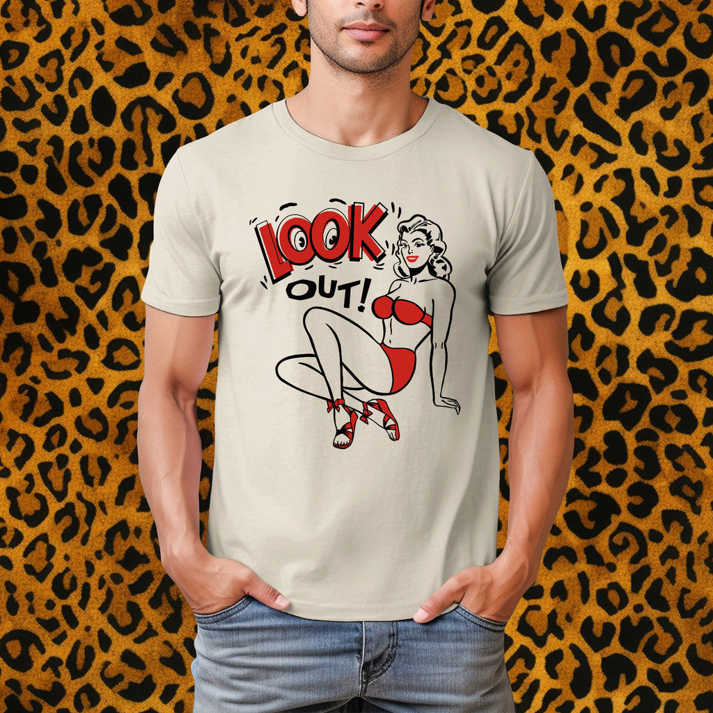 Look Out! Pinup Men's Premium Cotton T-shirt in 5 Assorted Light Colors