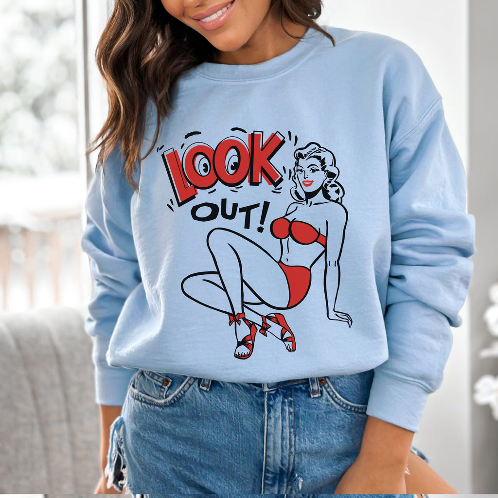 Look Out Pinup Unisex Crewneck Sweatshirts in 5 Assorted Colors Light Blue