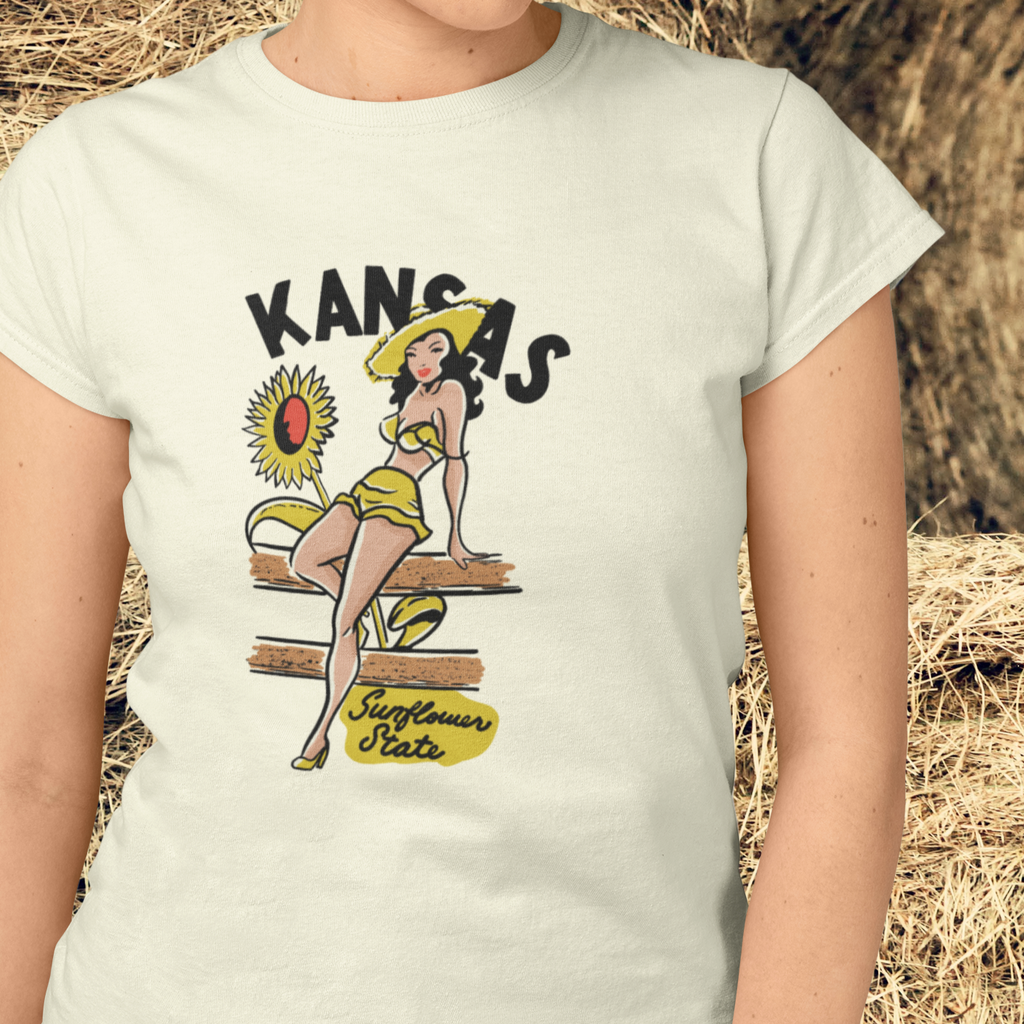 Kansas Sunflower Pin Up Ladies Cream T-shirt