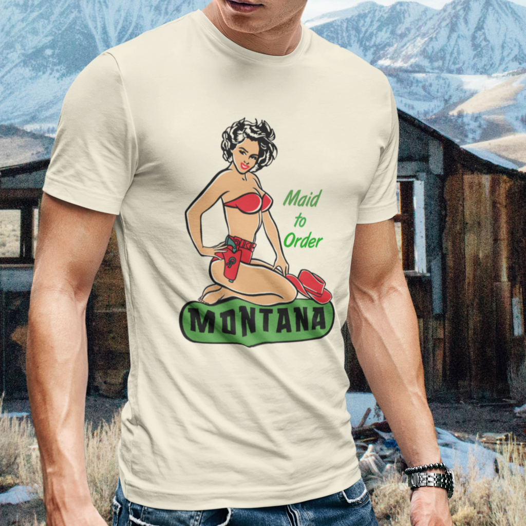 Montana Cowgirl Pin-Up Mens Premium Cream Cotton T-shirt