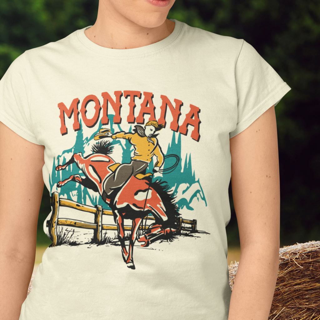 Montana Bucking Bronco Cowboy Rancher Ladies Premium Cream Cotton T-shirt
