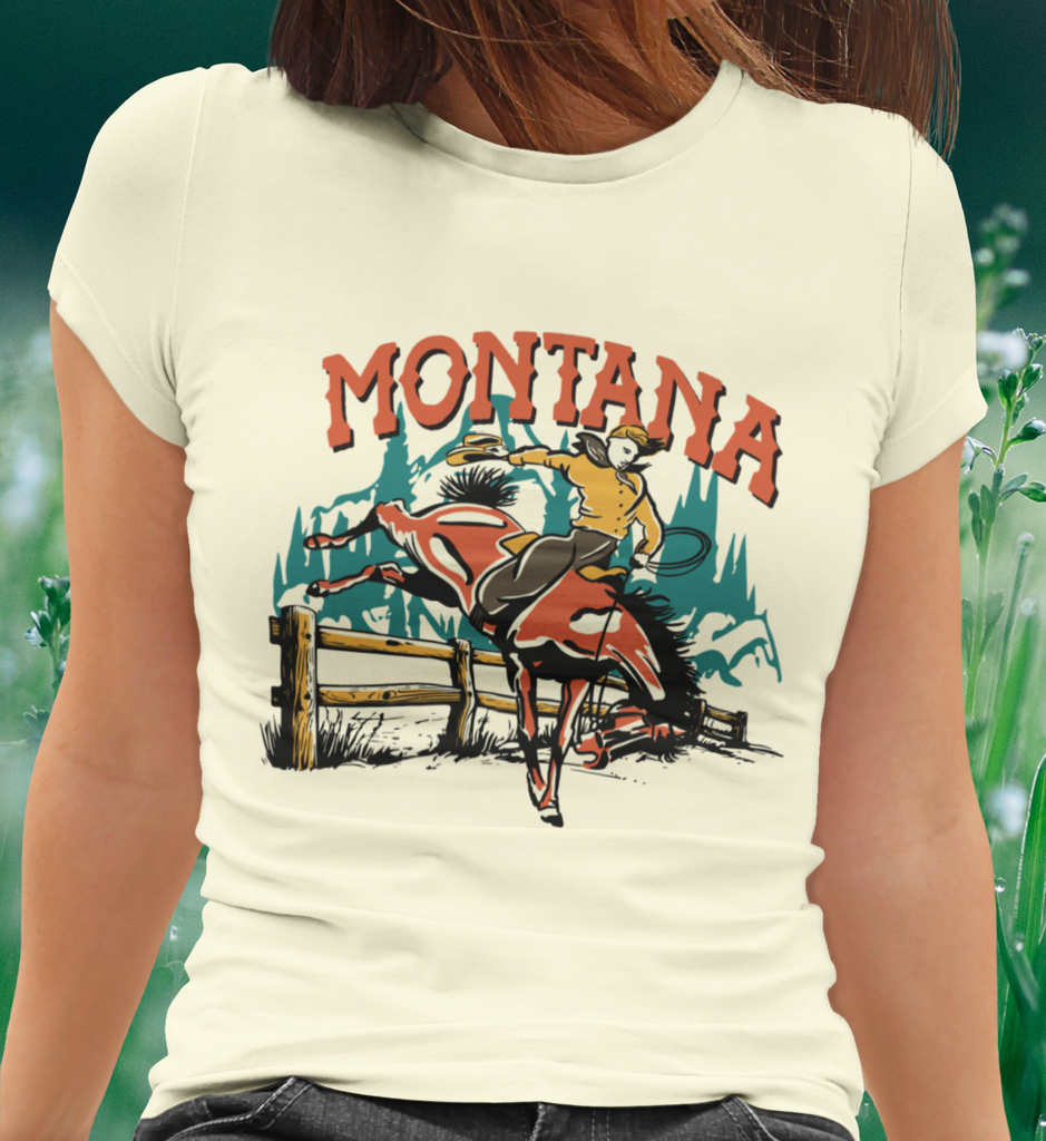 Montana Bucking Bronco Cowboy Rancher Ladies Premium Cream Cotton T-shirt