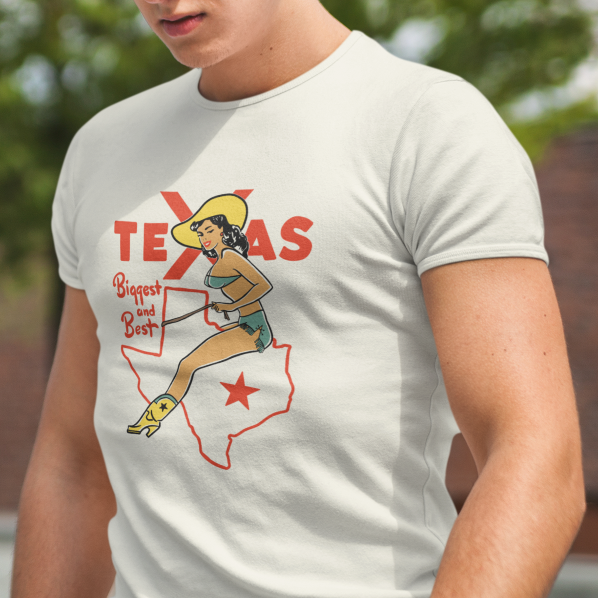 Biggest and Best in Texas Cowgirl Pin-Up Mens Premium Cream Cotton
