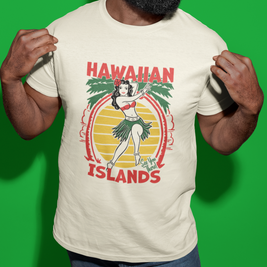 Hawaiian Islands 1950s Style Tourist Hula Girl Unisex Men's Premium Cream Cotton T-shirt
