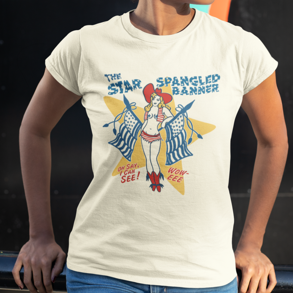 Star Spangled Banner Pinup Woweee Tee Ladies Premium Cotton T-shirt in 2 Assorted Colors