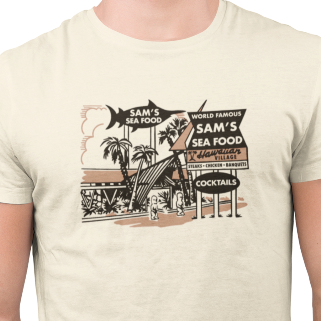 Sam's Seafood Tiki Restaurant Vintage Souvenir Premium Cotton Men's Tshirt
