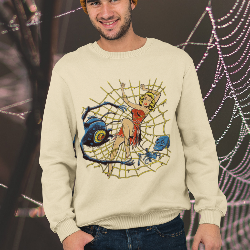 Vintage Horror Pinup Spider Web Retro Halloween Crewneck Sweatshirt