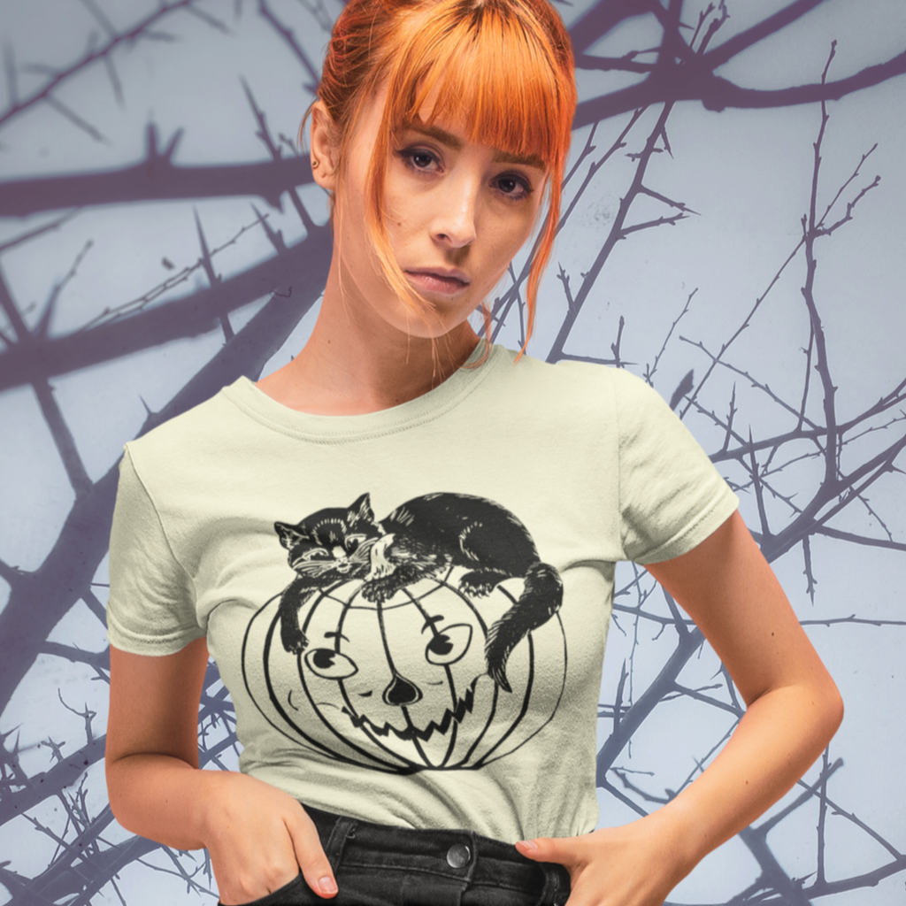 Vintage Halloween 1950s Black Cat Jack O' Lantern Retro Women's T-shirt in 6 Assorted Colors