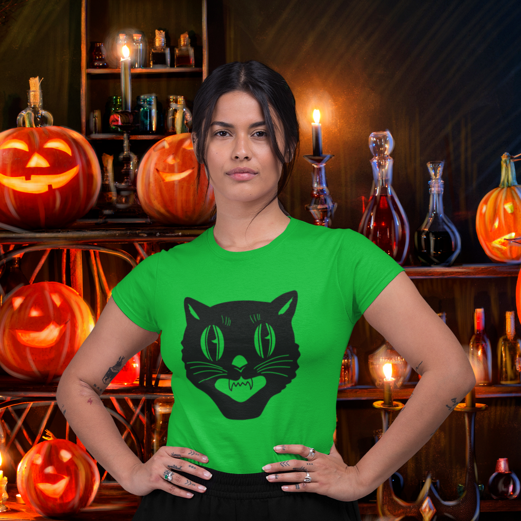 Vintage Halloween Black Cat Retro Women's T-shirt in 6 Assorted Colors