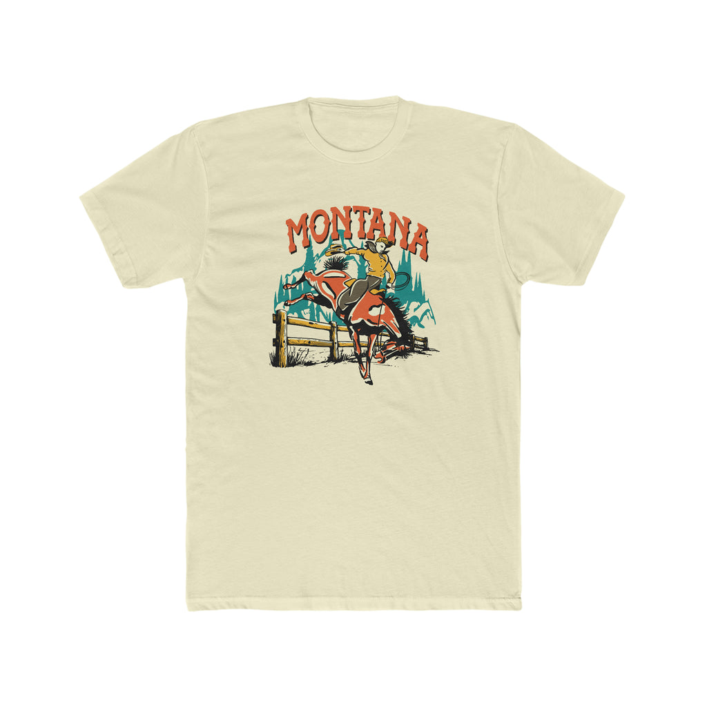 Montana Bucking Bronco Cowboy Rancher Men's Premium Cream Cotton T-shirt Solid Natural