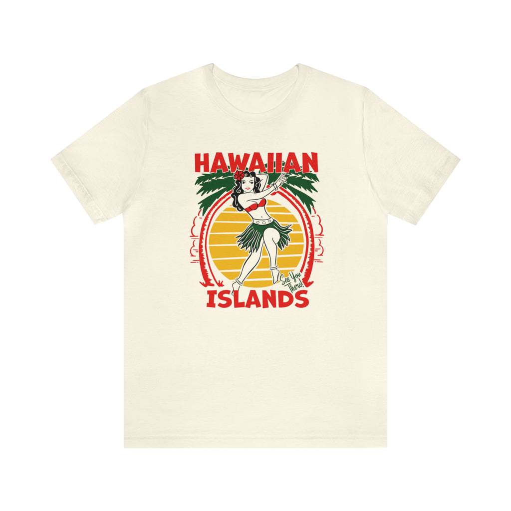 Hawaiian Islands 1950s Style Tourist Hula Girl Unisex Men's Premium Cream Cotton T-shirt Natural
