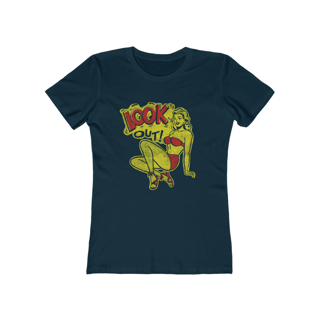 Look Out! Pinup Ladies T-shirt Premium Cream Cotton in 4 Assorted Dark Distressed Colors Solid Midnight Navy