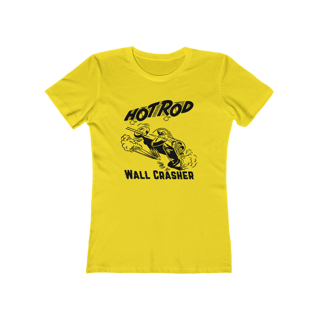 Hot Rod Wall Crasher Racing Ladies Premium Cotton T-shirt in Assorted Colors Solid Vibrant Yellow
