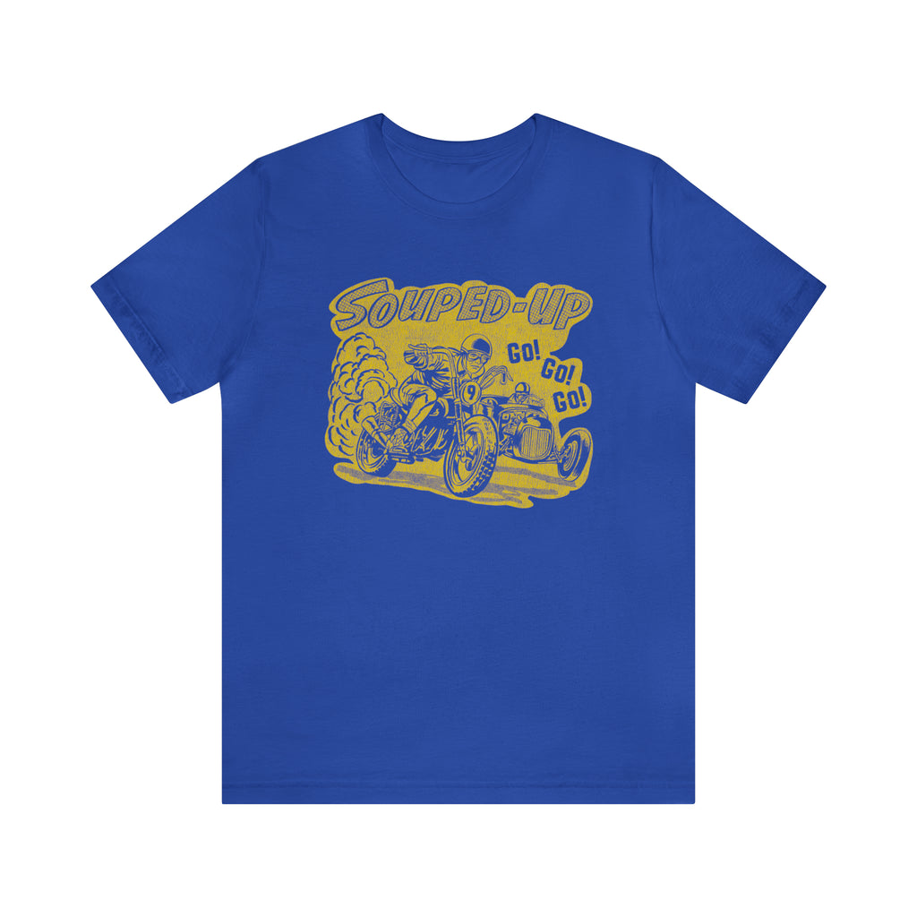 Souped Up Hot Rod Distressed Design on a Men's Premium Cotton T-shirt in 5 Dark Assorted Colors True Royal