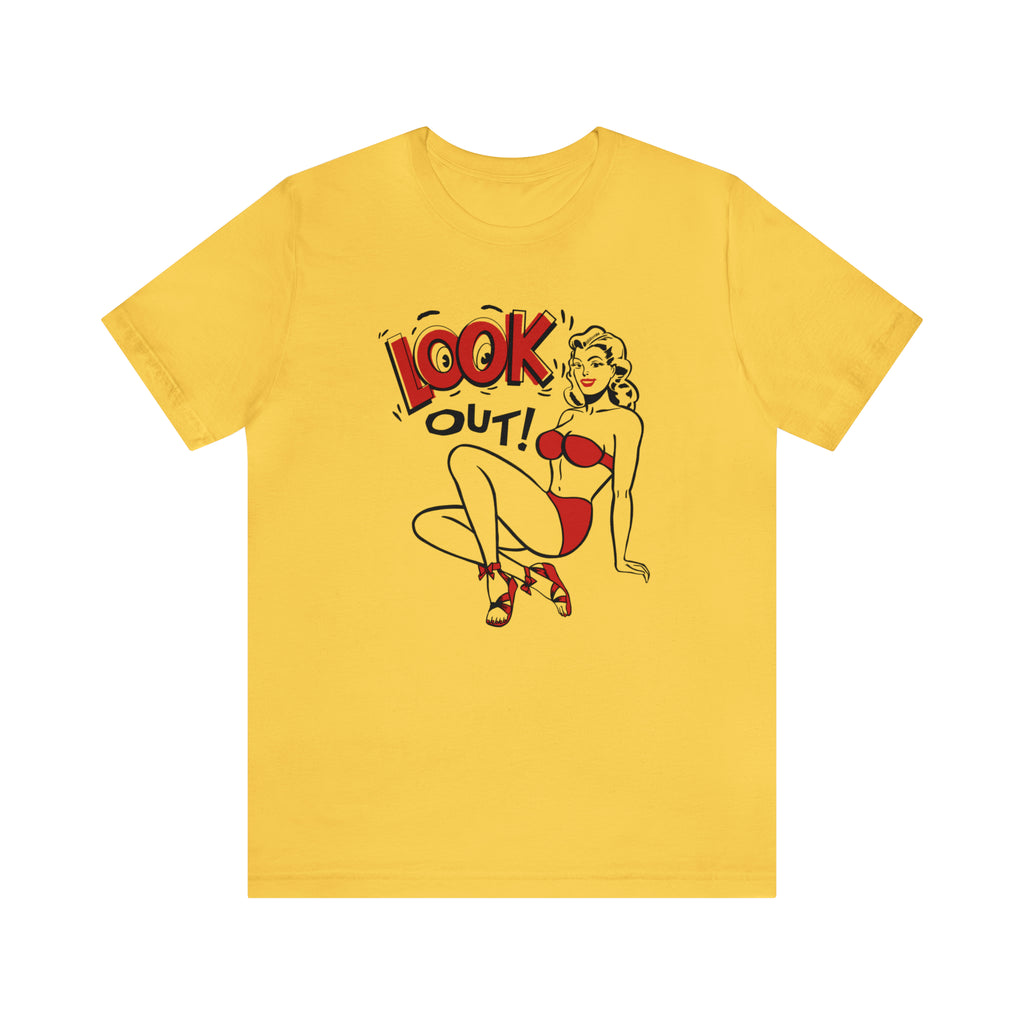 Look Out! Pinup Men's Premium Cotton T-shirt in 5 Assorted Light Colors Yellow
