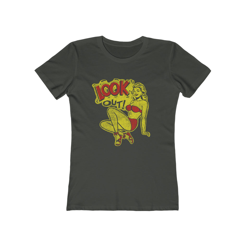 Look Out! Pinup Ladies T-shirt Premium Cream Cotton in 4 Assorted Dark Distressed Colors Solid Heavy Metal