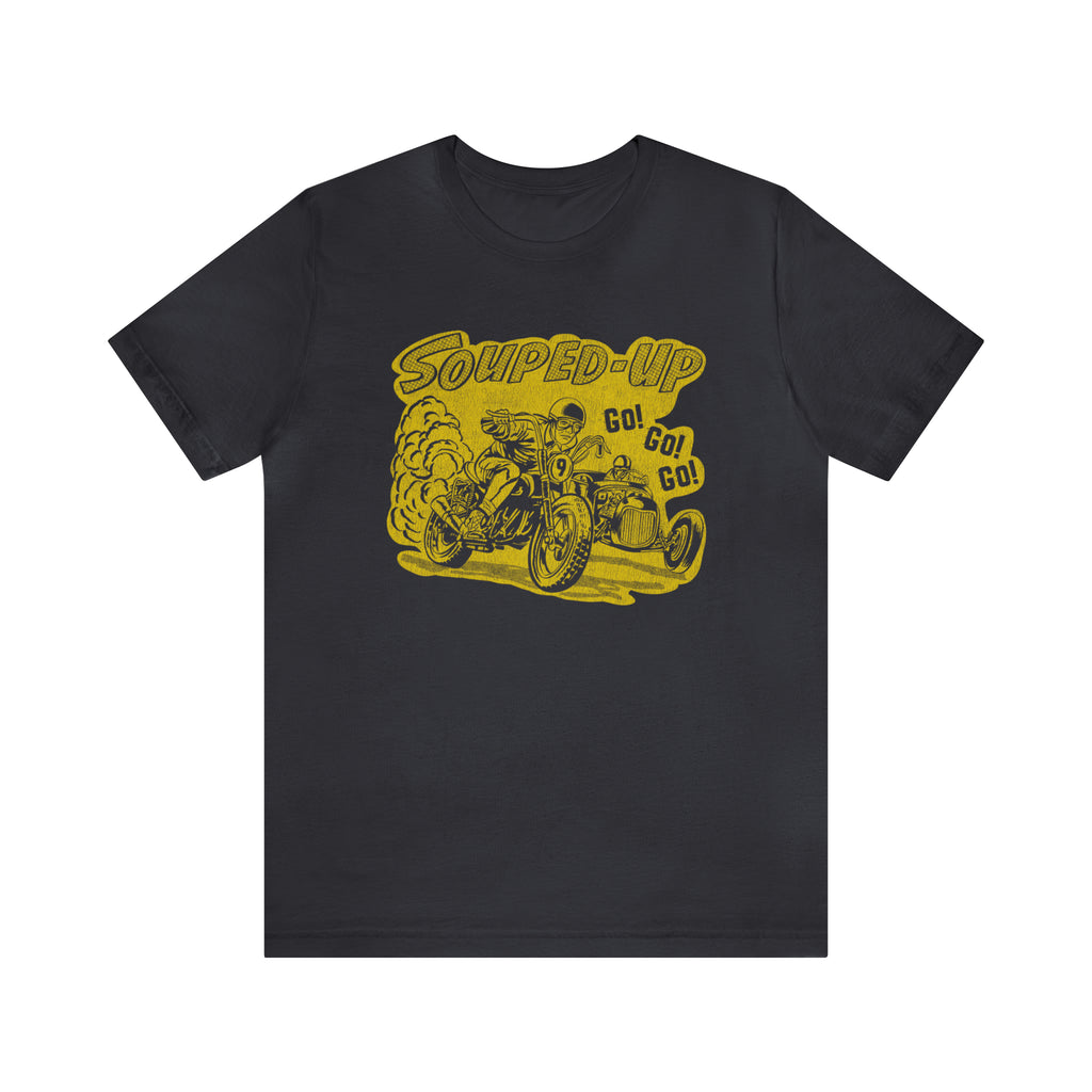 Souped Up Hot Rod Distressed Design on a Men's Premium Cotton T-shirt in 5 Dark Assorted Colors Dark Grey