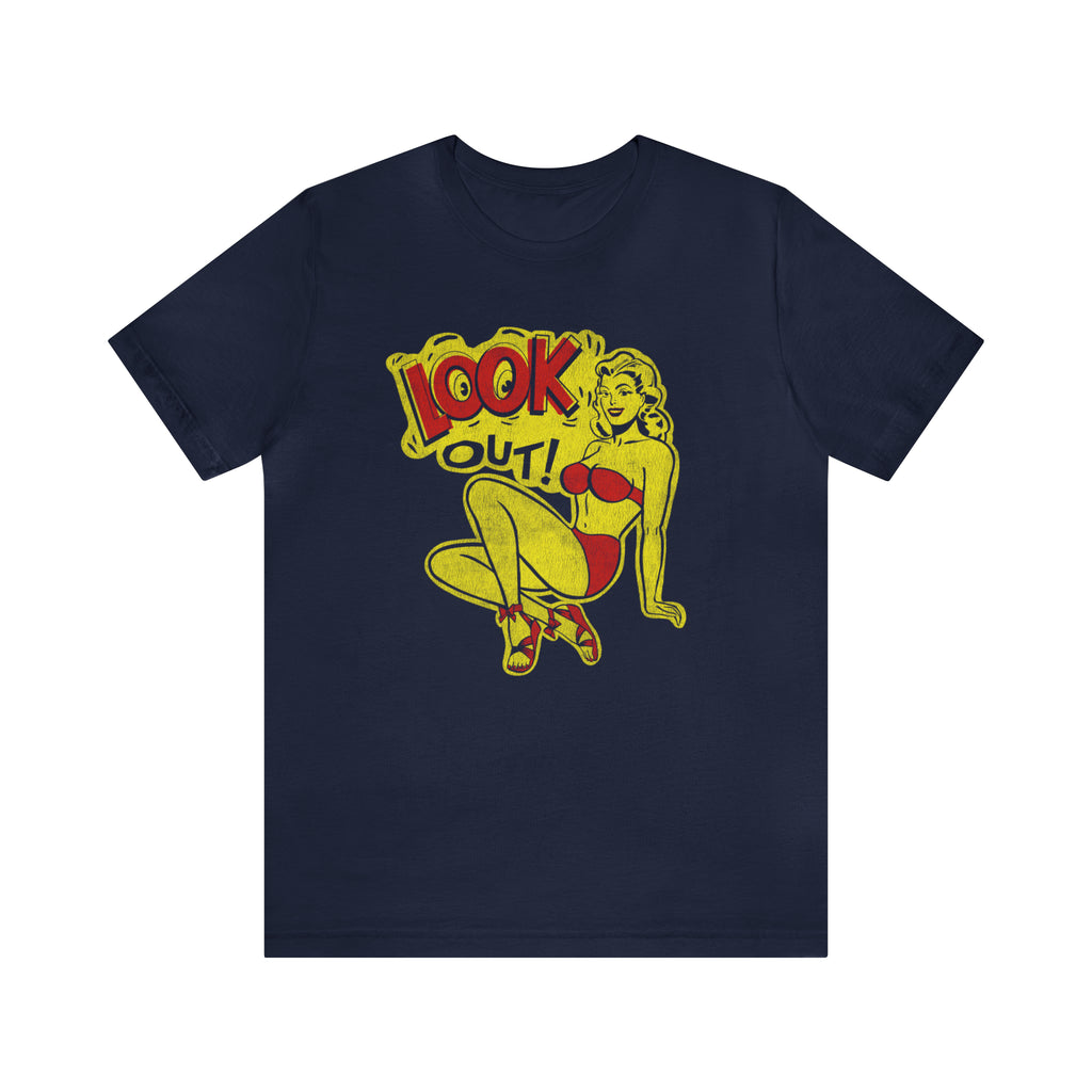 Look Out! Pinup Men's Premium Cotton T-shirt in 4 Assorted Darker Distressed Colors Navy