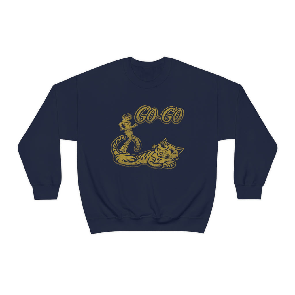 Vintage 1960s Go Go Dancer and Groovy Cat on a Unisex Sweatshirt in 4 Assorted Colors Navy