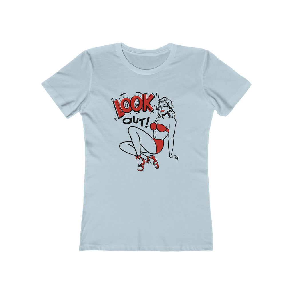 Look Out! Pinup Ladies T-shirt Premium Cream Cotton in 5 Assorted Light Colors Solid Light Blue