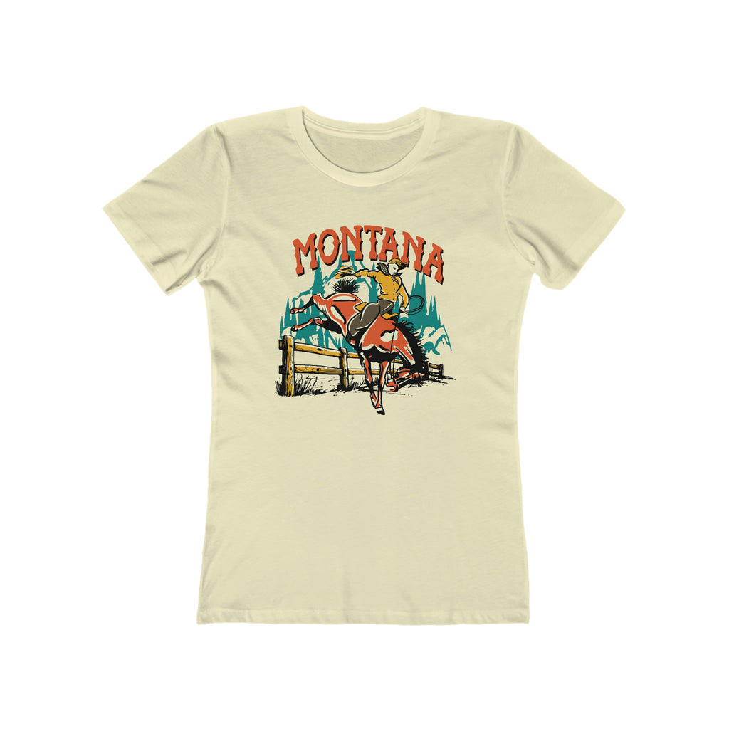 Montana Bucking Bronco Cowboy Rancher Ladies Premium Cream Cotton T-shirt Solid Natural