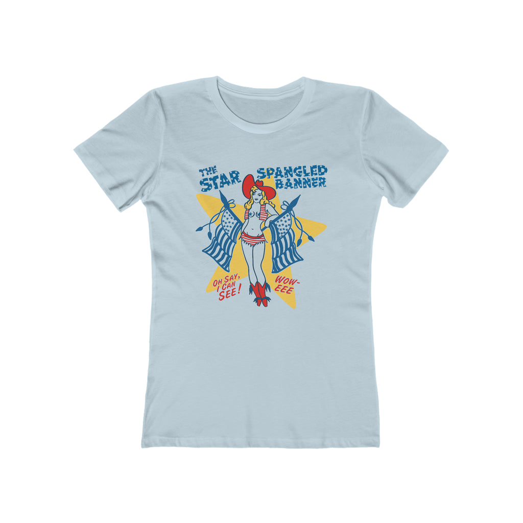 Star Spangled Banner Pinup Woweee Tee Ladies Premium Cotton T-shirt in 2 Assorted Colors Solid Light Blue