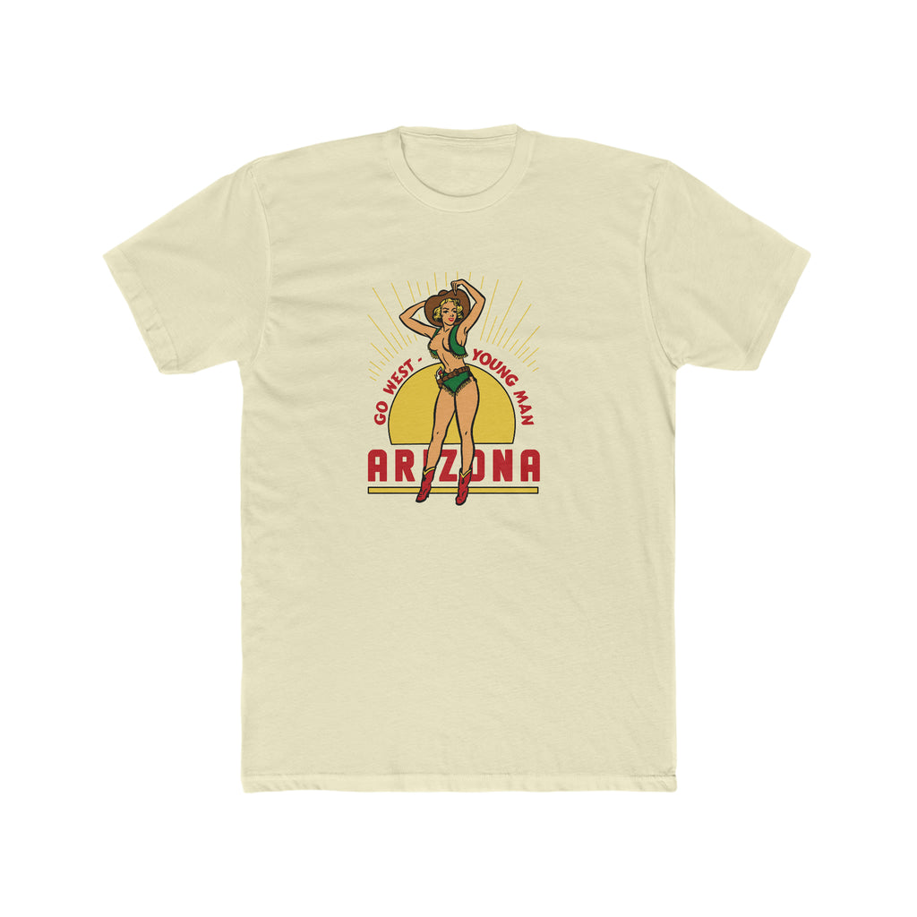 Arizona Cowgirl Pinup Vintage Reproduction Premium Cream Cotton Men's T-shirt Solid Natural