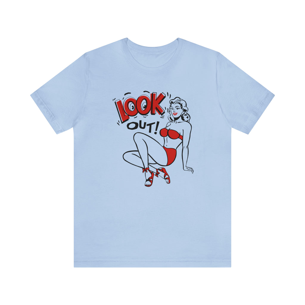 Look Out! Pinup Men's Premium Cotton T-shirt in 5 Assorted Light Colors Baby Blue
