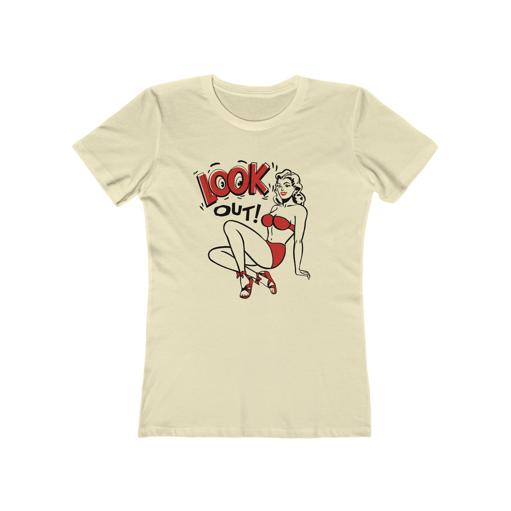 Look Out! Pinup Ladies T-shirt Premium Cream Cotton in 5 Assorted Light Colors Solid Natural