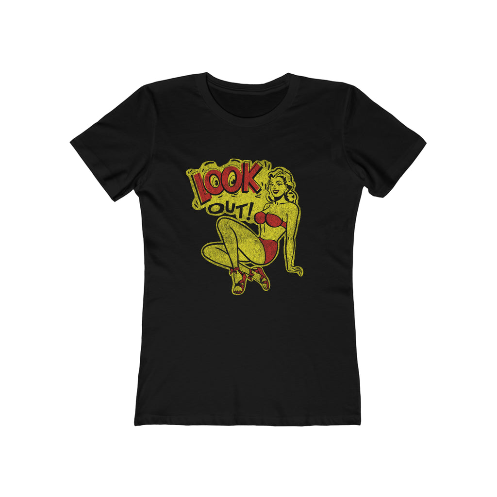 Look Out! Pinup Ladies T-shirt Premium Cream Cotton in 4 Assorted Dark Distressed Colors Solid Black